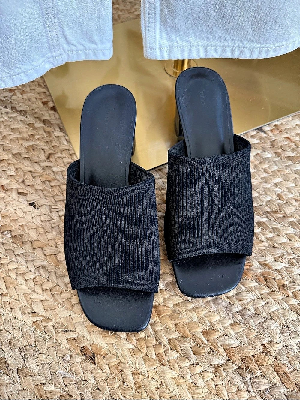 Quince Italian Leather & Eco Knit Heeled Mule Black Sandals